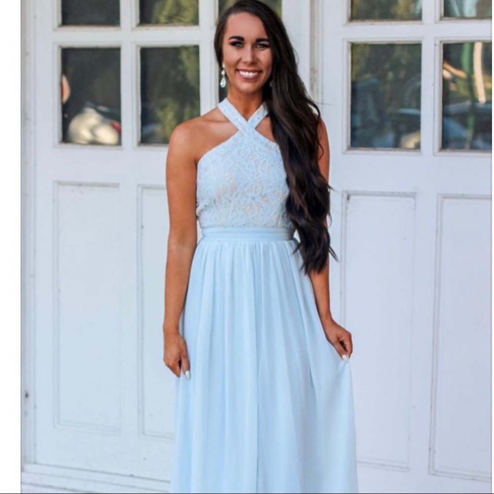 Light blue chiffon maxi dress with embellished top